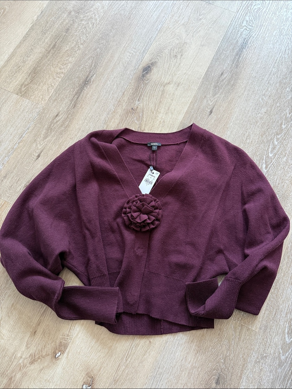 Express Women's V-Neck Burgundy Cardigan with Decorative Flower